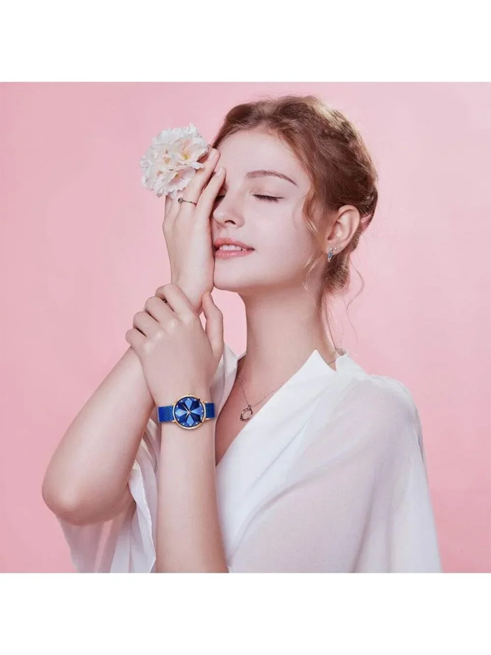 Women's Blue Minimalist Creative Starry Sky Stainless Steel Mesh Band Wristwatch